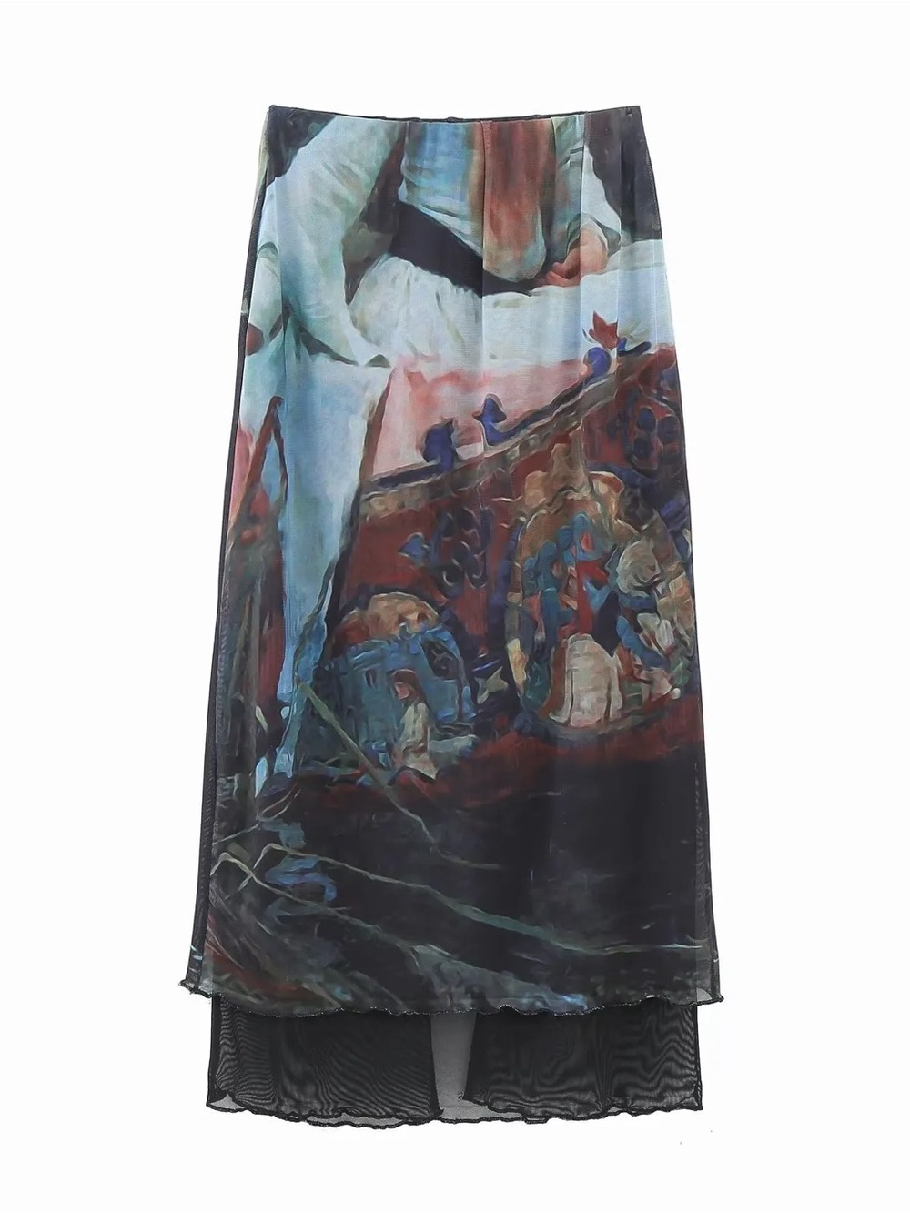 Bershka Art Series Mesh Midi Skirt - "The Lady of Shalott" Print, Size XS
